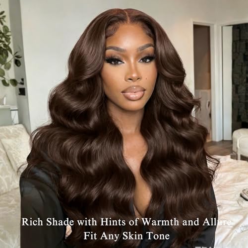 ALHER Chocolate Brown 14-Inch 13x4 HD Lace Frontal Closure Human Hair Body Wave, Pre-Plucked with Baby Hair