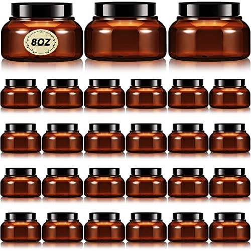 8 oz Plastic Cosmetic Jars with Lids & Labels - 24 Pack, Brown - Reusable & Leakproof