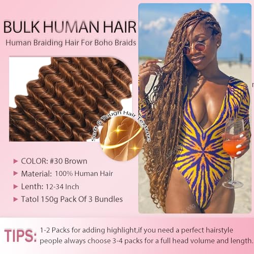 Human Hair Extensions Bulk Curly Braiding Hair 12-28 Inch Light Brown #30 Boho Style 3 Bundles
