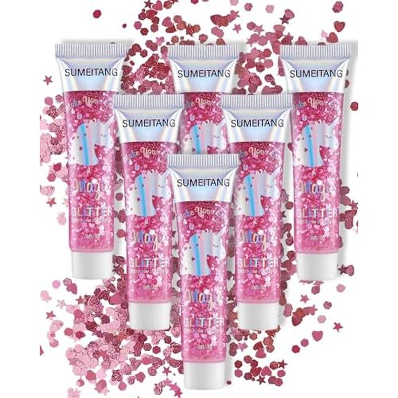 6PCS Pink Face Body Glitter Gel£¬Mermaid Holographic Sequins Chunky Glitter Paint for Party Singer Concerts Music Festival Rave Accessories for Girls Women Face Body Hair Sparkling Makeup