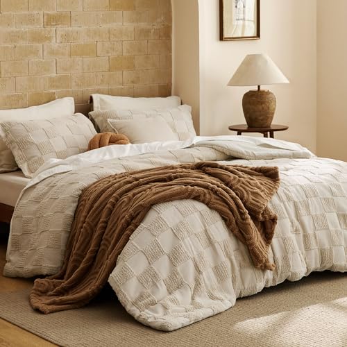 California King Comforter Set - Beige Plaid Boho Bedding with Tufted Checkboard Pattern, 3 Pieces