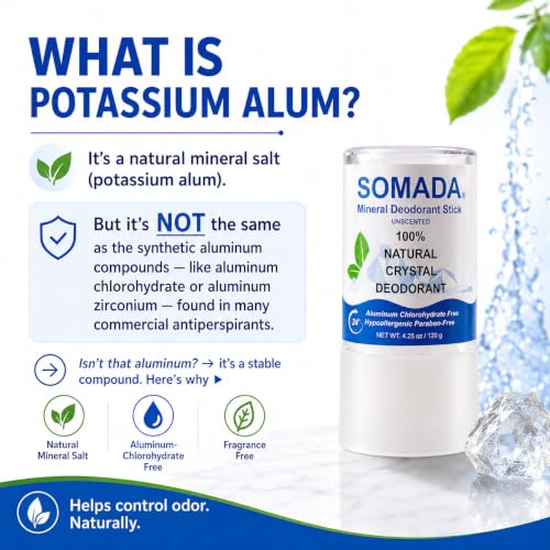 SOMADA Crystal Deodorant Stick 4.25oz Pack of 4 - Aluminum-Free Natural Mineral