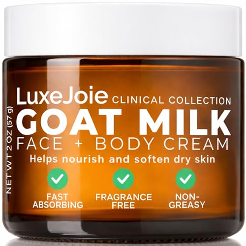 LuxeJoie Goat Milk Face & Body Cream, Fragrance Free Deep Moisturizer for Dry Sensitive Skin, Fast Absorbing Non-Greasy Hydration, 2 oz