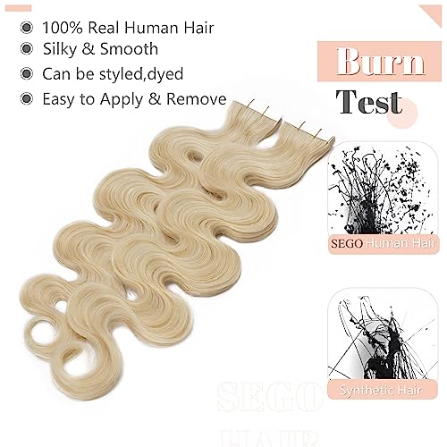 SEGO Wavy Tape-In Hair Extensions 14 Inch Blonde Remy Human Hair 20pcs - Body Wave, Bleach Blonde Variation #0613