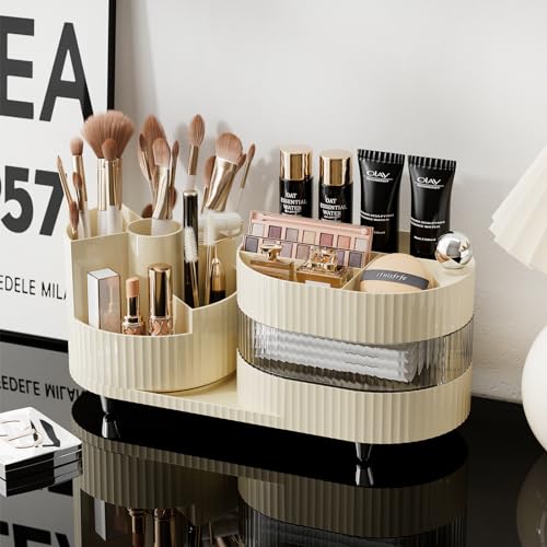 3 Layer Rotating Makeup Organizer with Drawer & Brush Holder - Ivory