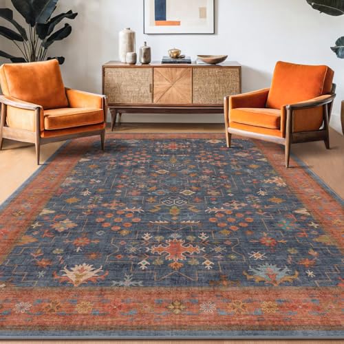 6' x 9' Navy Blue & Terracotta Dining Room Rug - Washable Boho Tribal Area Rug