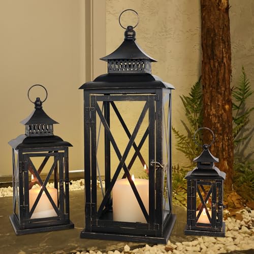 Black 3-Piece Vintage Lantern Set - 20'', 13'', 9'' Indoor & Outdoor Candle Holders
