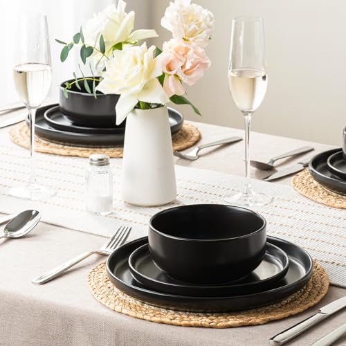 Ceramic Dinnerware Set 24 Pieces - Black Stoneware Plates & Bowls, Dishwasher & Microwave Safe