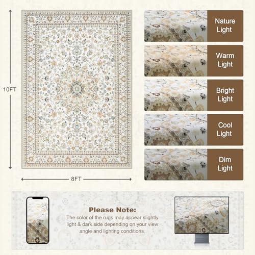 ExpediX 8x10 Area Rug - Washable Vintage Beige Living Room Rug