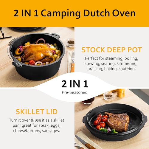 10QT Cast Iron Camping Dutch Oven with Lid - Pre-Seasoned Outdoor Cooking Pot