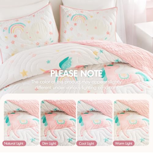 Kids Unicorn Quilt Set Full/Queen Pink 3-Piece Girls Bedding Whimsical Decor
