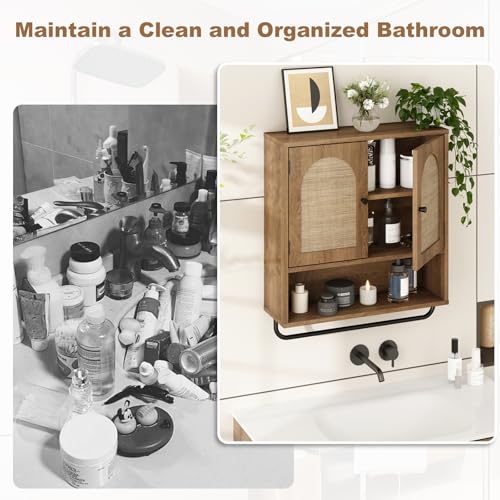 Rustic Oak Wall Cabinet with Rattan Doors - Boho Bathroom Storage, 2 Doors, Natural Oak Finish