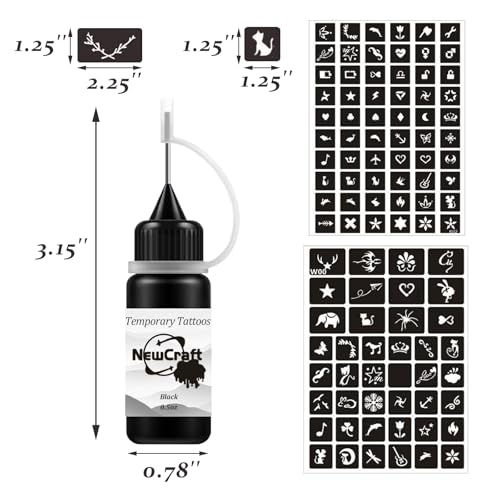 Temporary Tattoo Kit, Makeup Inks, Freckles Gel for Art Markers, 102 Patterns Fake Tattoos stencils DIY for Men Women - 3 Bottles (Black)