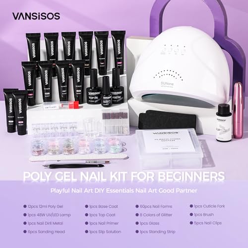VANSISOS Poly Gel Nail Extension Kit with 12 Colors & UV Light for DIY Manicure