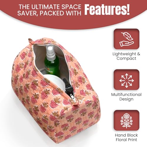 Cotton Hand Block Floral Print Toiletry Bag For Women Make Up Cosmetic Bag Jewelry Organizer Kit Storage Case Travel Accessories Essential Toiletries Purse Pouch (Orange - Set of 3 Small Medium Large)