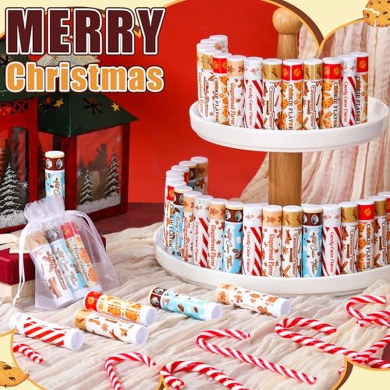 75pcs Christmas Peppermint Flavor Lip Balms Gift Bulk Candy Gingebread Hot Cocoa Cookie Cinnamon Flavor Lip Balm Favor Christmas Party Gift Stocking Stuffer for Coworker Staff Employee (Cute)