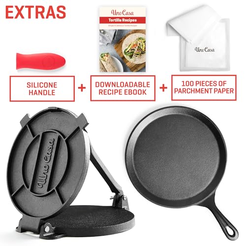 Uno Casa Cast Iron Tortilla Press 10 Inch & Comal Pan Bundle - Family Size with Variation