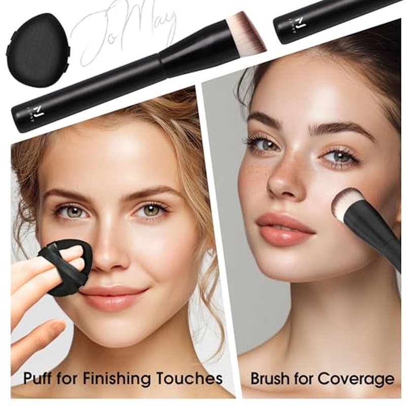 Foundation Brush with Makeup Puffs Set, Flat Top Brush + 2 Soft Makeup Sponges for Seamless Base & Detail Blending