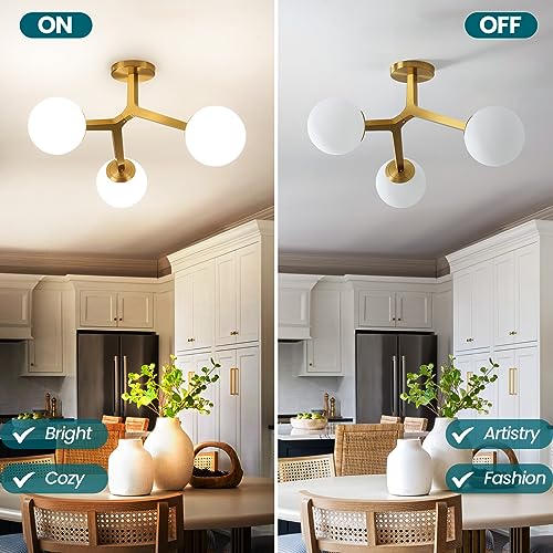 Gold Semi-Flush Mount Ceiling Light Fixture - Modern Sputnik Chandelier with Frosted Glass Shade