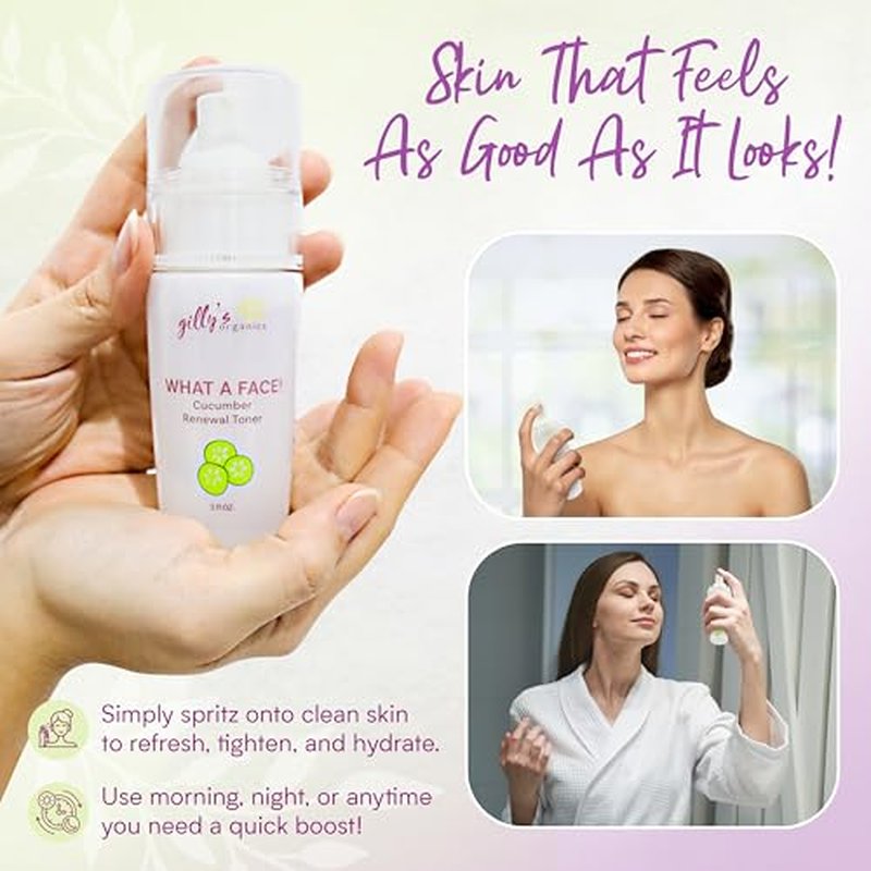 Made in USA Cucumber & Witch Hazel Toner Spray for Face ? Gilly¡¯s Organics Natural Astringent with Aloe & Tea Tree ? Pore Minimizer, Acne Mist, Hydrating Primer & Moisturizer, 3 fl oz