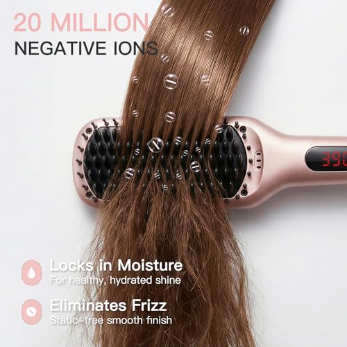 Pink Gold Hair Straightener Brush with Ionic Ceramic Heating, Anti-Scald, Auto Shutoff, Dual Voltage