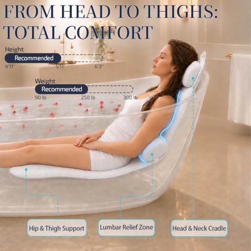White Extra Long Bathtub Pillow with Adjustable Lumbar Support - Fast Dry Spa Accessory