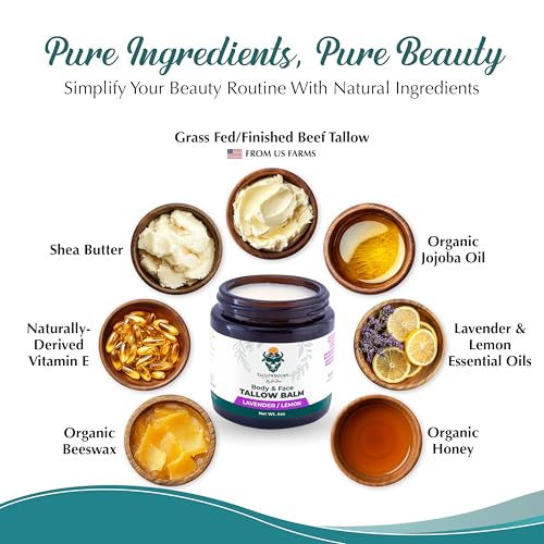 Grass Fed Beef Tallow Balm for Face and Body with Shea Butter, Organic Jojoba Oil, Honey, and Beeswax ? Beef Tallow for Skin ? Lavender and Lemon ? 4 oz