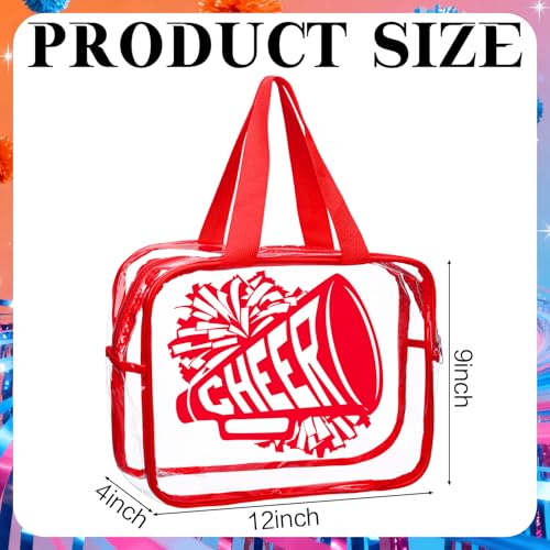 Kacctyen 12 Pcs Cheer Large Clear Toiletry Cosmetic Makeup Bag with Zipper and Handle Cheer Snack Bag Bulk for Team 12 x 9 x 4 Gift Bags Tote Pouch Cheerleading Teammates Party Supplies(Red)