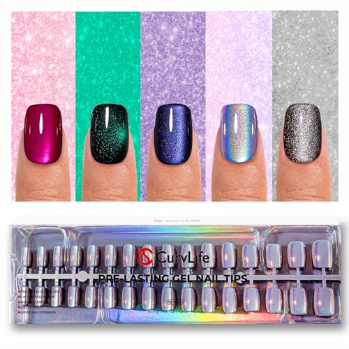 CurvLife Cat Eye Press On Nails Square - A1 Variation, 160 Pack, Glitter Light-Chasing Design, Reusable Full Cover Tips for Women & Girls