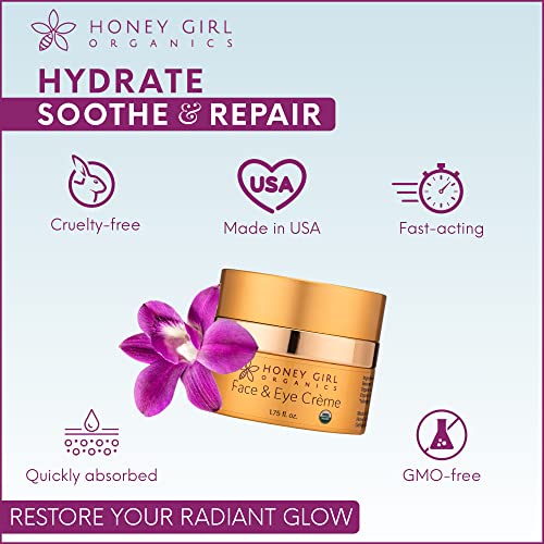 Honey Girl Organics Face & Eye Cr?me, USDA Certified Organic Facial Moisturizer & Under Eye Cream for Wrinkles, Dark Circles and Puffiness w/Hydrating Honey, Beeswax, Essential Oils & EVOO. 1.75oz