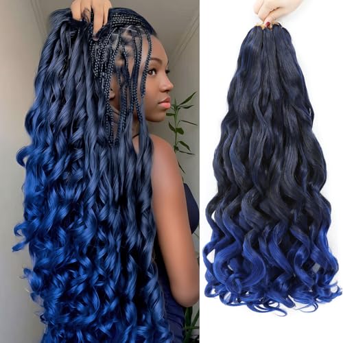 French Curly Braiding Hair 8 Packs Loose Wavy Synthetic Extensions - T/Blue, 18 Inch
