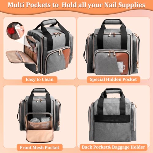 Large Nail Polish Organizer Bag Holds 80 Bottles (15ml/0.5 fl.oz), Portable Nail Lamp Kit Shoulder Case with 4 Removable Pouches, Multiple Pockets for Nail Supplies Storage (Elegant Gray)