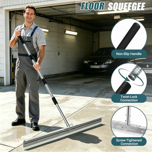 AugFir Large Heavy-Duty Floor Squeegee - 33.4" Silicone Blade, 63" Handle for Concrete & Garage Cleaning