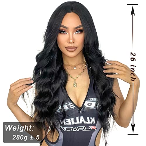 LINGHANG Black 1 26-Inch Curly Wavy Wig for Women, Natural Look