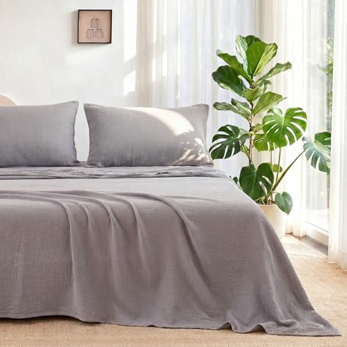 King Size Cotton Muslin Sheet Set - Grey 4-Piece Breathable Bed Sheets