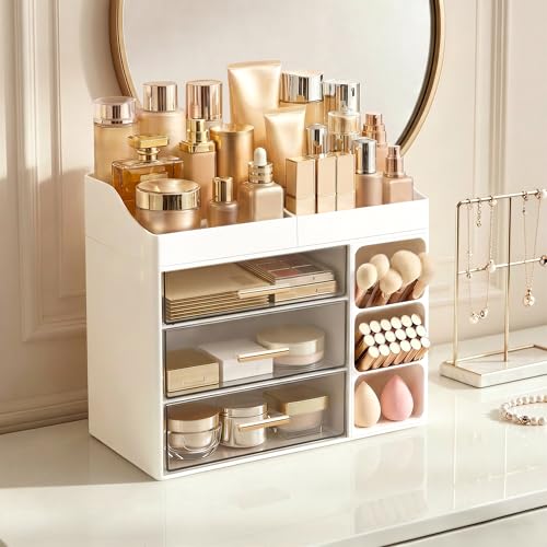 White Makeup Organizer with Drawers and Brush Holder - Large Vanity Storage