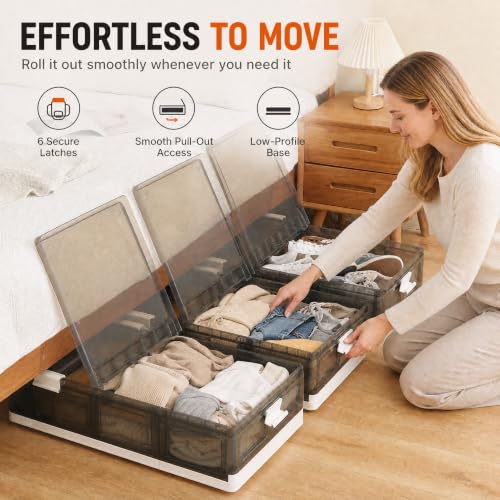 2-Pack Under Bed Storage Containers with Wheels - Foldable Plastic Boxes with Lids, 31.9x16.1x8.1 Inches
