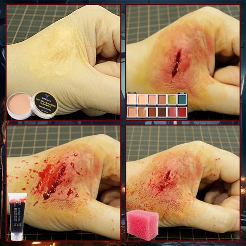 Halloween Makeup Special Effects SFX Makeup Kit 12 Colors FX Palette Face Body Painting with Fake Blood,Scar Wax,Spirit Gum,Castor Sealerm,Extension Oil,for Clown makeup,Zombie