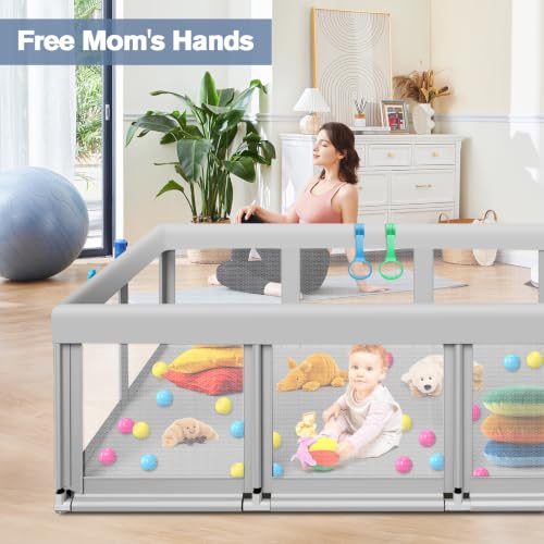 Large Baby Playpen 74x50x27 Inches with Soft Mesh, Anti-Slip Base - Grey