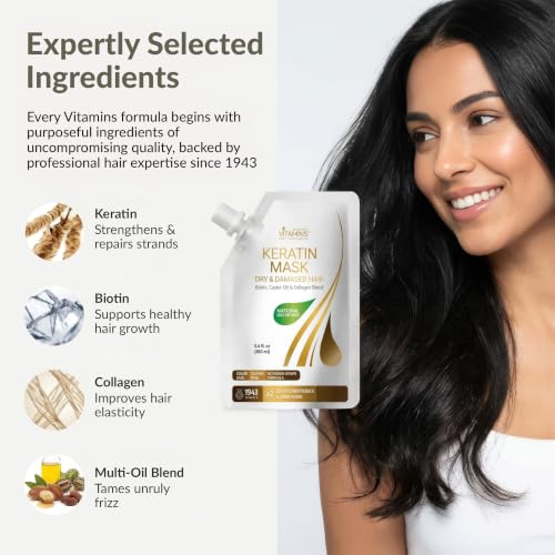 Keratin Hair Mask for Damaged Hair - Protein Repair Deep Conditioner with Biotin & Castor Oil - 3.4 Fl Oz