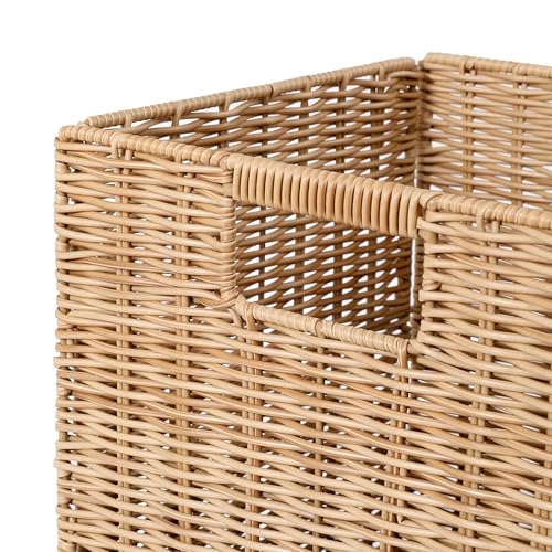 Khaki Collapsible Plastic Wicker Storage Baskets Set of 4 - 10.5 x 10.5 Inches