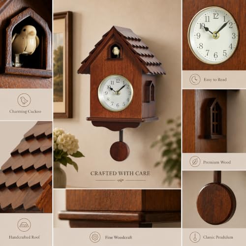 Modern Wall Cuckoo Clock with Wooden Pendulum and Night Silence - 14 Inch