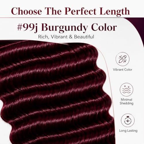 Burgundy Deep Wave Human Hair Bundles - 3 Pack 10/12/14 Inch - Burgundy #99J Variation D
