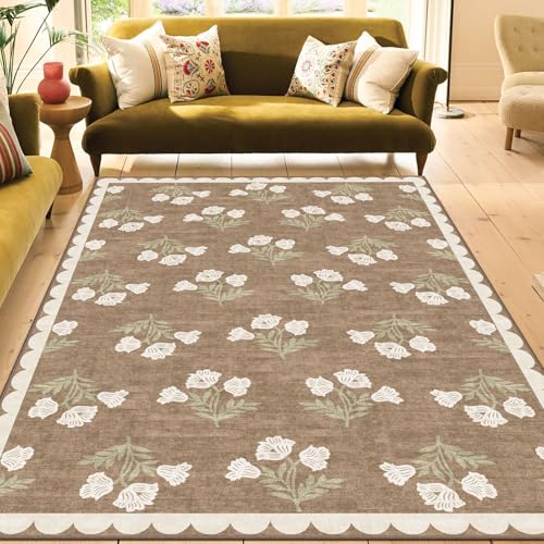 Boho Tan 6x9 Living Room Rug - Washable Floral Farmhouse Area Rug with Non-Slip Backing