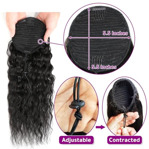 Water Wave Human Hair Drawstring Ponytail Extension for Black Women - 24 Inch Curly Style