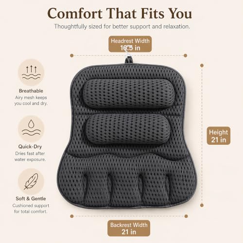 Suvast Grey Luxury Bathtub Pillow with 10 Suction Cups, Extra Large 21” Spa Head & Back Support, Quick-Dry Mesh