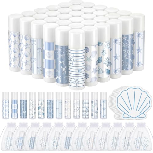 Blue Coastal Seashell Lip Balm Set - 36 Nautical Party Favors, Beach Gift for Bachelorette & Wedding