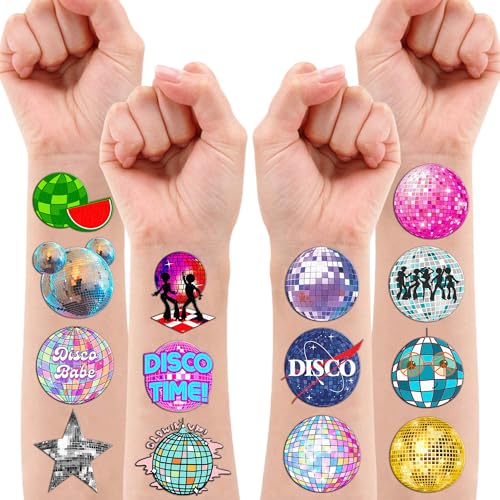 96PCS Disco Ball Temporary Tattoos Themed Birthday Party Decorations Supplies Favors Decor Cute 70s 1970s Dance Dancing Tattoo Stickers Gifts For Kids Girls Boys Prizes Carnival
