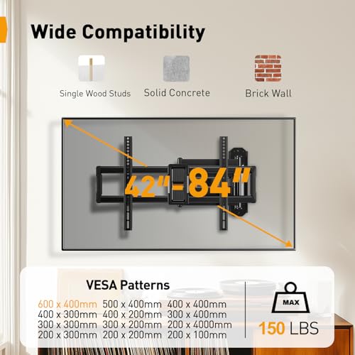 Perlegear Corner TV Wall Mount for 42-84 Inch TVs, Max 600x400mm, Long Arm, Full Motion
