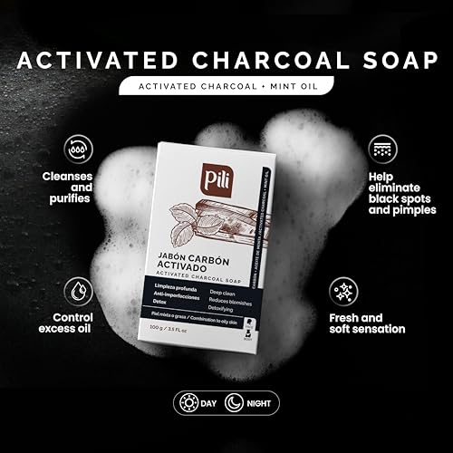 Pili Natural Activated Charcoal Soap Bars with Peppermint oil (3 Pack). Face and Body Natural Detoxifying Soap Bars. For Men, Women and Teens.